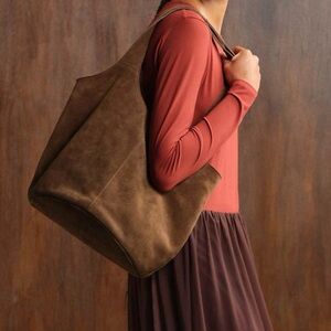 Brown genuine suede slouchy bucket tote bag with inner pockets